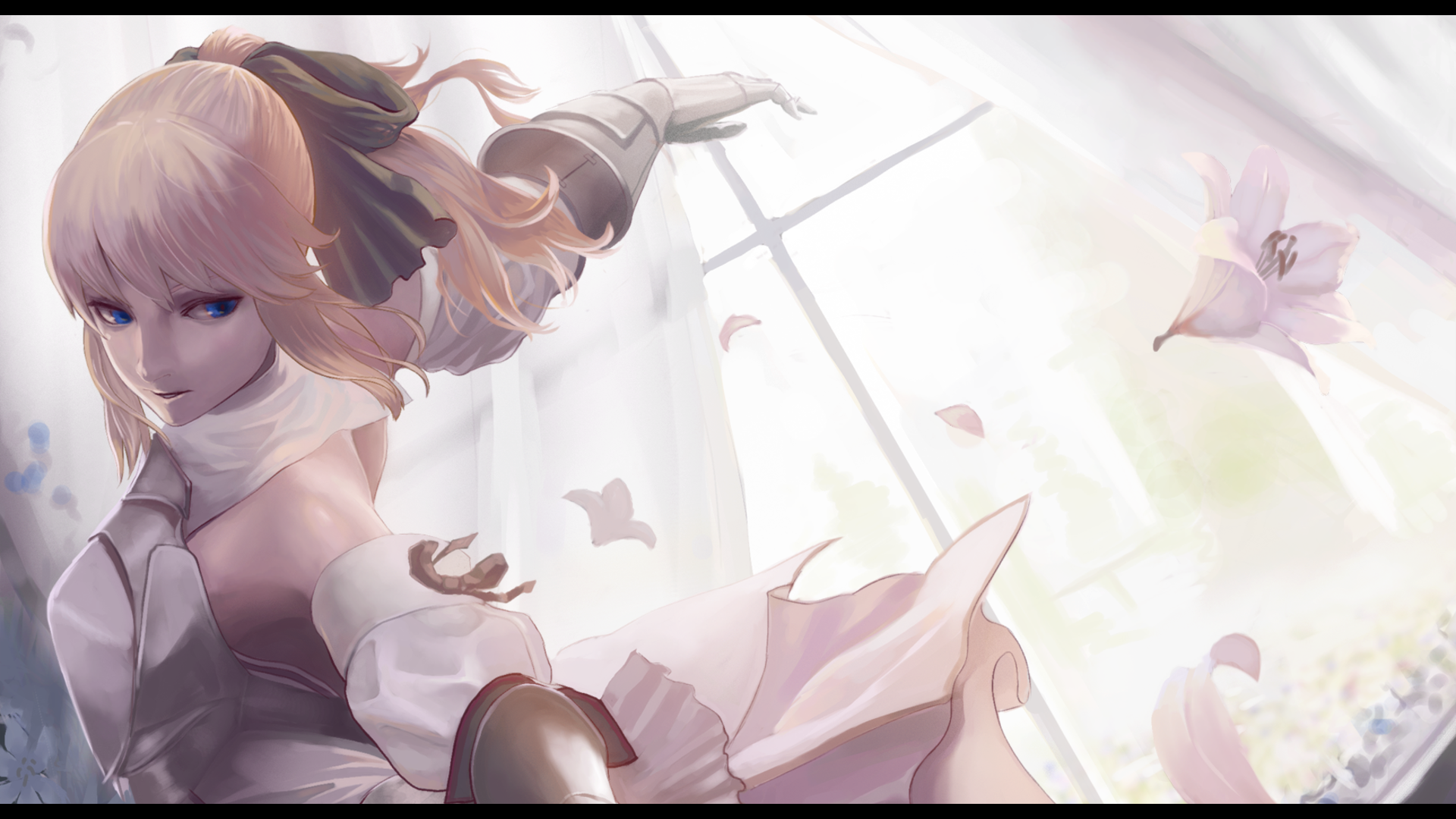 HD PC wallpaper featuring Saber Lily from the anime Fate/Stay Night, depicted in a graceful pose with soft lighting and falling petals.