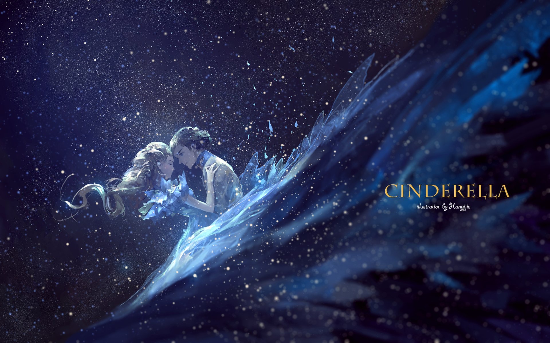Fantasy-themed HD PC desktop wallpaper depicting a magical, fairy tale scene with Cinderella and the prince embraced amid sparkling, ethereal light and icy blue tones.