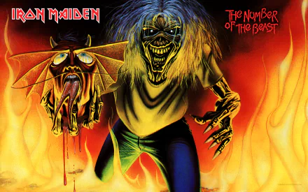 HD PC desktop wallpaper featuring Iron Maiden's iconic Eddie character holding a demonic mask, set against fiery flames with the band's logo and The Number of the Beast text.