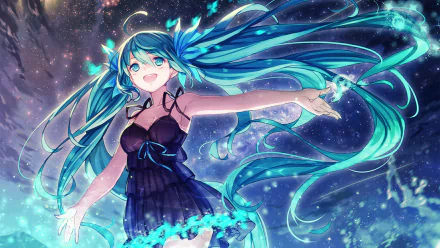 HD desktop wallpaper featuring Hatsune Miku from Vocaloid, depicted with flowing blue hair and a dynamic, starlit background.