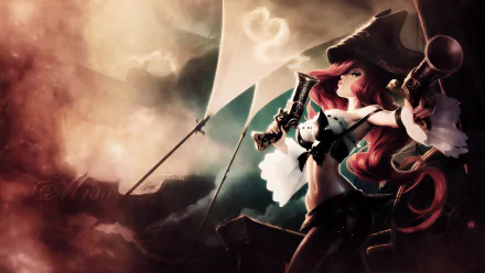 HD PC desktop wallpaper featuring Miss Fortune from the video game League of Legends, depicted with a pirate hat and dual pistols against a dramatic sky backdrop.