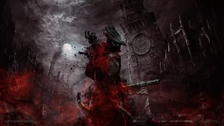 A dark, gothic-themed HD desktop wallpaper from the fantasy video game Bloodborne, featuring a haunting cityscape under a cloudy moonlit sky, with a mysterious, armed character in the foreground.