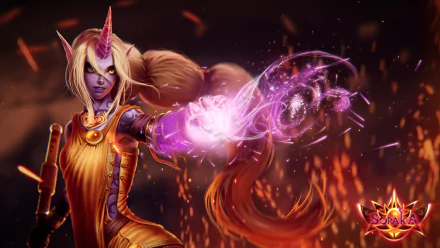 Soraka from League of Legends wields magic, showcasing her horned appearance and mystical powers against a fiery backdrop. This HD wallpaper captures her enchanting presence in Targon.