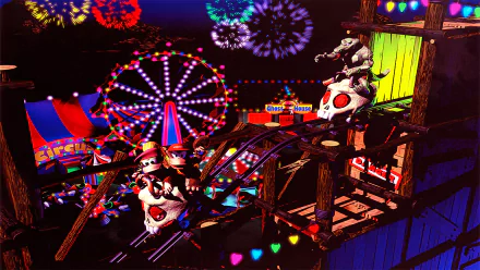 HD PC desktop wallpaper showcasing a vibrant nighttime carnival scene from the video game Donkey Kong Country 2: Diddy's Kong Quest with fireworks and characters.