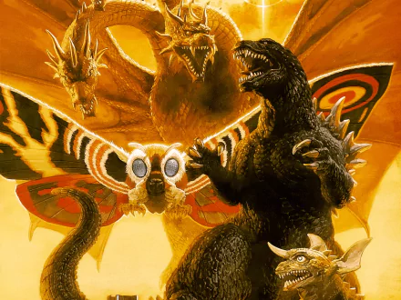 HD PC desktop wallpaper featuring a dramatic scene from the movie Godzilla vs. King Ghidorah with both iconic monsters in battle.