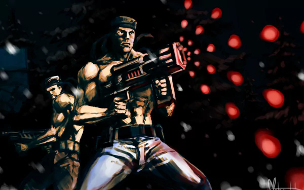 HD PC desktop wallpaper of Contra: two muscular commandos in combat stances, one firing a heavy rifle that sprays red tracer-like bursts against a dark, smoky background.