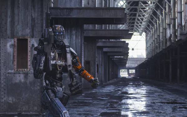 HD desktop wallpaper of Chappie, the robot, standing in an industrial corridor.