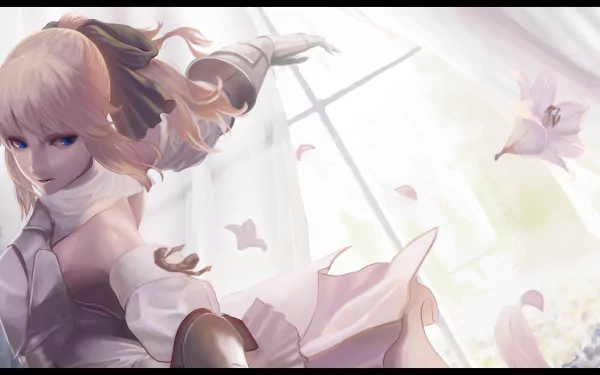 HD PC wallpaper featuring Saber Lily from the anime Fate/Stay Night, depicted in a graceful pose with soft lighting and falling petals.