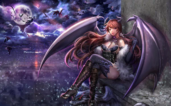 A captivating HD fantasy wallpaper featuring a succubus with wings, posing against a mystical night sky, surrounded by a full moon and floating bats.