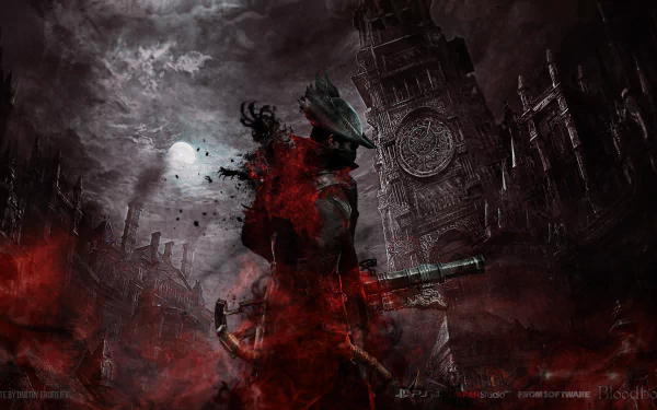 A dark, gothic-themed HD desktop wallpaper from the fantasy video game Bloodborne, featuring a haunting cityscape under a cloudy moonlit sky, with a mysterious, armed character in the foreground.