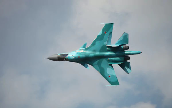 4K Ultra HD wallpaper featuring a military Sukhoi Su-34 fighter jet soaring through a cloudy sky.