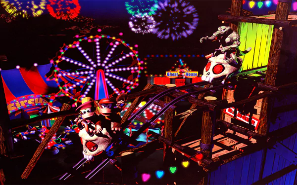 HD PC desktop wallpaper showcasing a vibrant nighttime carnival scene from the video game Donkey Kong Country 2: Diddy's Kong Quest with fireworks and characters.