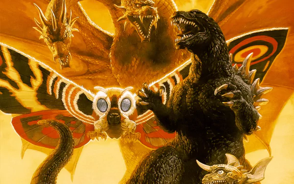 HD PC desktop wallpaper featuring a dramatic scene from the movie Godzilla vs. King Ghidorah with both iconic monsters in battle.