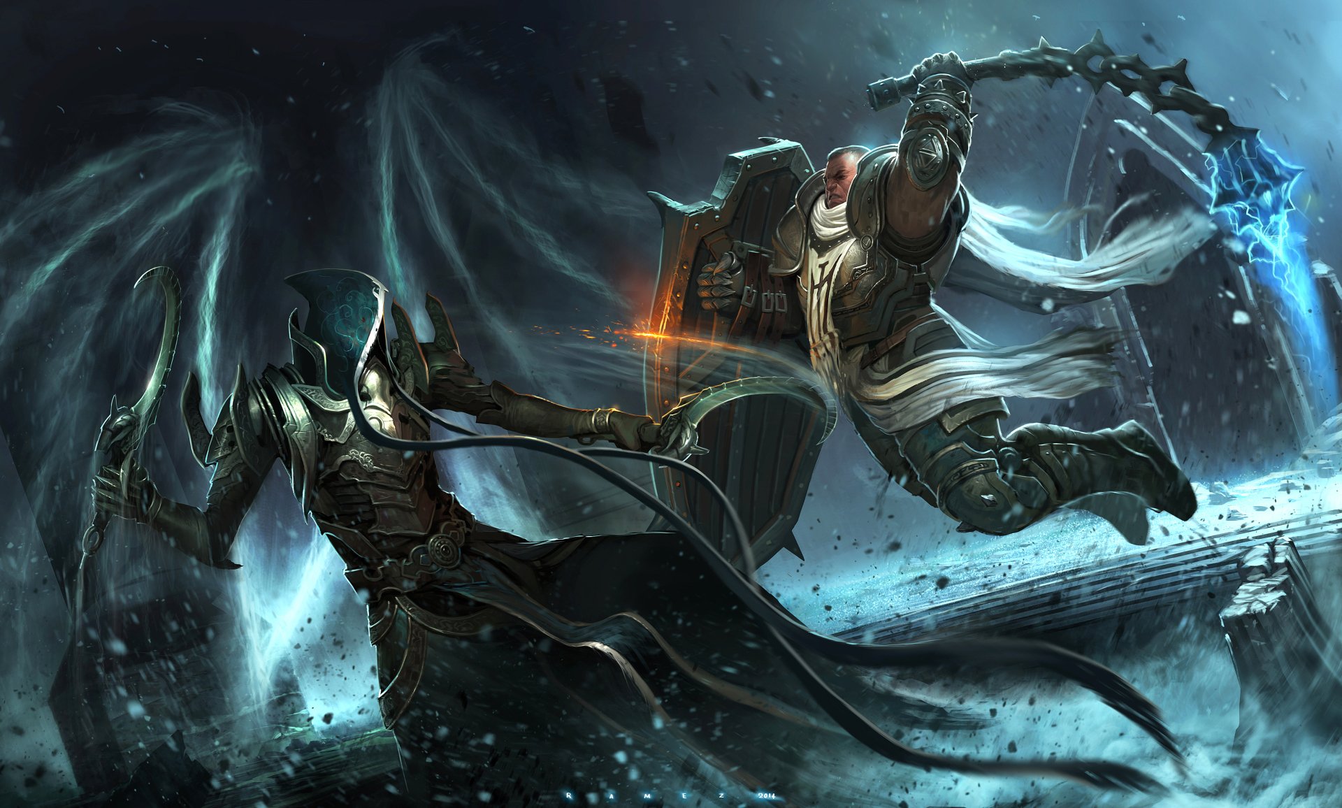 HD PC desktop wallpaper featuring Crusader and Malthael from Diablo III: Reaper of Souls in an intense battle scene from the video game.