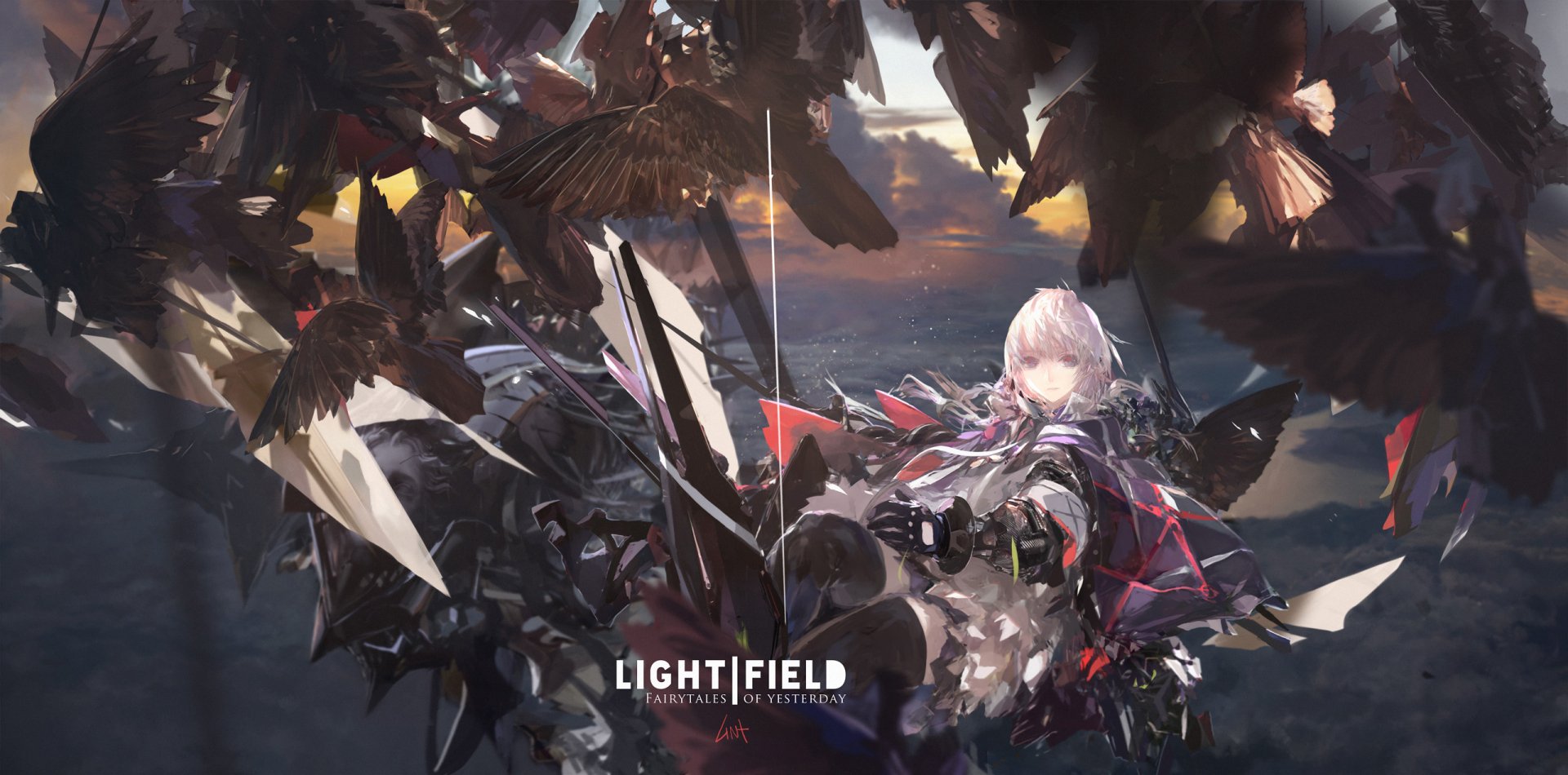 HD anime desktop wallpaper from Pixiv Fantasia: New World featuring a white-haired character surrounded by dark, winged creatures in a dramatic, fantasy setting.