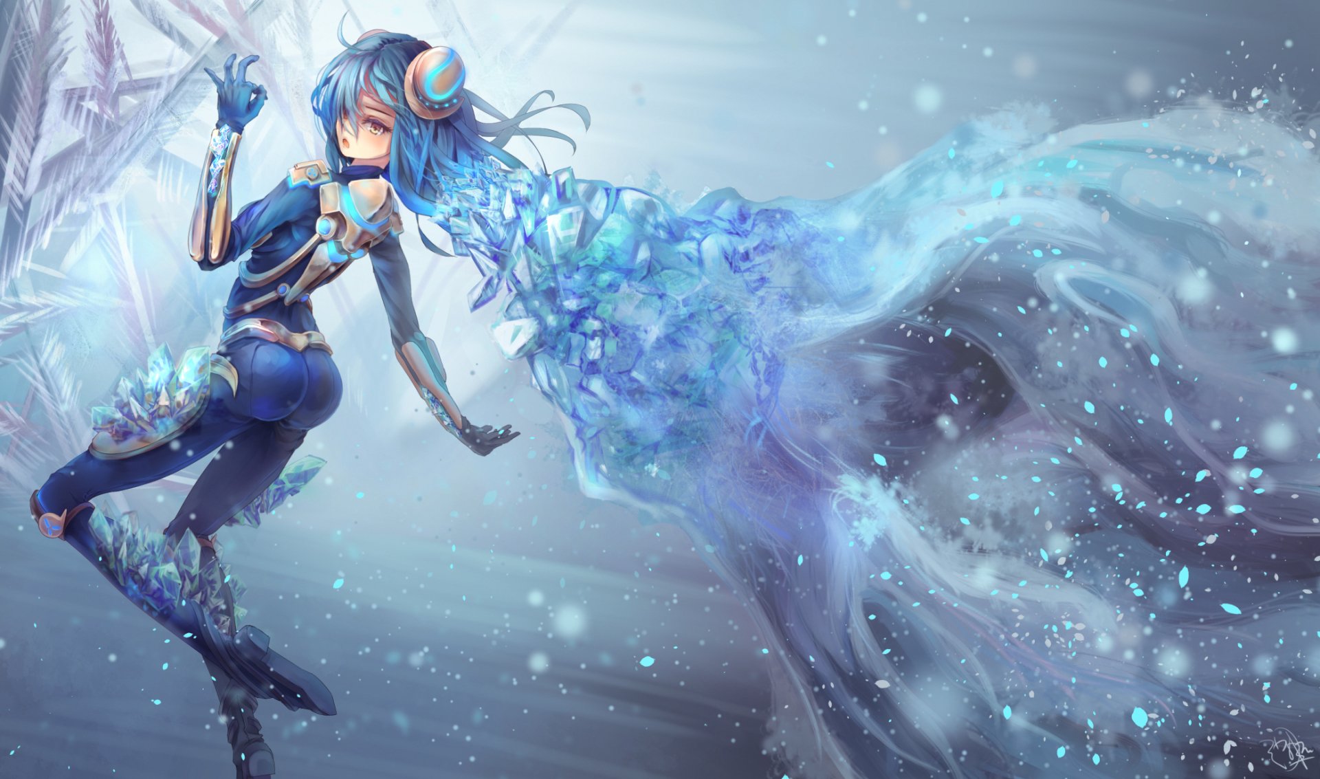 HD PC desktop wallpaper featuring Irelia from League of Legends, surrounded by ice and frost elements in a dynamic, snowy video game scene.