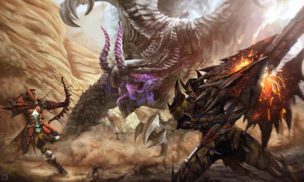 A dynamic scene from Monster Hunter 4 Ultimate, featuring hunters battling a massive dragon in a desert landscape. This 4K Ultra HD image serves as a striking desktop wallpaper.