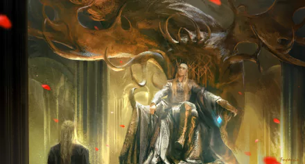A striking HD wallpaper featuring Thranduil, the elven king from The Lord of the Rings, seated on his throne amidst a fantasy backdrop adorned with ethereal details and fallen petals.