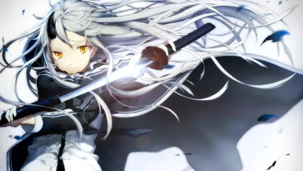 An anime character with long silver hair and piercing golden eyes wields a sword, surrounded by swirling blue petals, creating a dynamic and captivating HD desktop wallpaper.