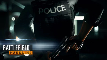 A dynamic HD desktop wallpaper from Battlefield: Hardline showcasing a police officer ready for action, emphasizing the intense gameplay and gritty theme of the video game.