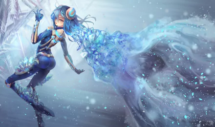HD PC desktop wallpaper featuring Irelia from League of Legends, surrounded by ice and frost elements in a dynamic, snowy video game scene.