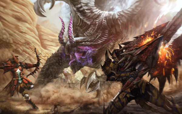 A dynamic scene from Monster Hunter 4 Ultimate, featuring hunters battling a massive dragon in a desert landscape. This 4K Ultra HD image serves as a striking desktop wallpaper.