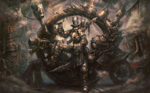 A dynamic steampunk warrior stands confidently in a smoky, industrial setting, surrounded by intricate machinery. This HD wallpaper captures the essence of sci-fi and adventure.