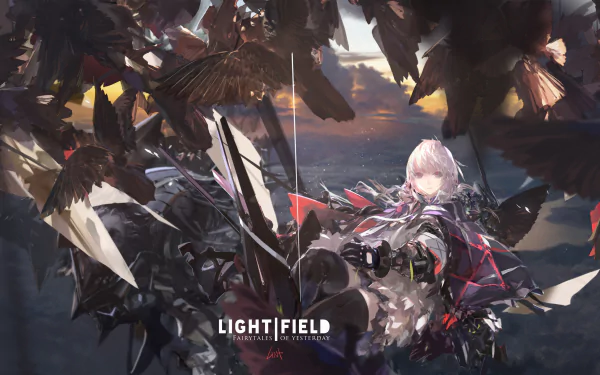 HD anime desktop wallpaper from Pixiv Fantasia: New World featuring a white-haired character surrounded by dark, winged creatures in a dramatic, fantasy setting.