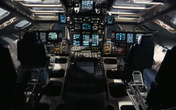 HD PC desktop wallpaper showcasing the detailed cockpit interior from the movie Interstellar with numerous control panels and screens.