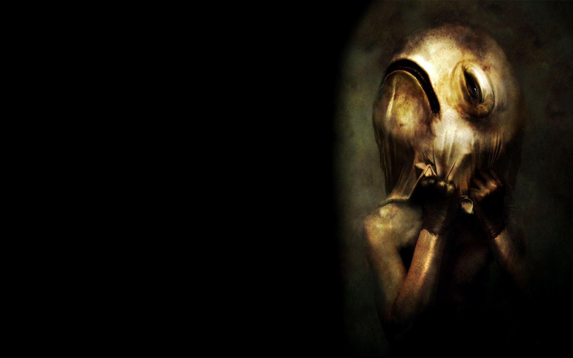 Dark and creepy HD desktop wallpaper featuring a mysterious figure with a distorted, mask-like face, hands clasped in front of it, set against a shadowy background.