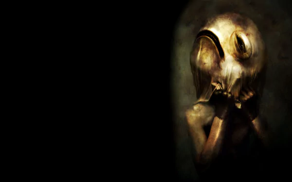 Dark and creepy HD desktop wallpaper featuring a mysterious figure with a distorted, mask-like face, hands clasped in front of it, set against a shadowy background.