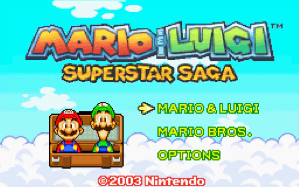 HD PC desktop wallpaper of the video game Mario & Luigi: Superstar Saga — colorful title logo over a cloudy sky with Mario and Luigi sitting in a wooden cart and menu text.