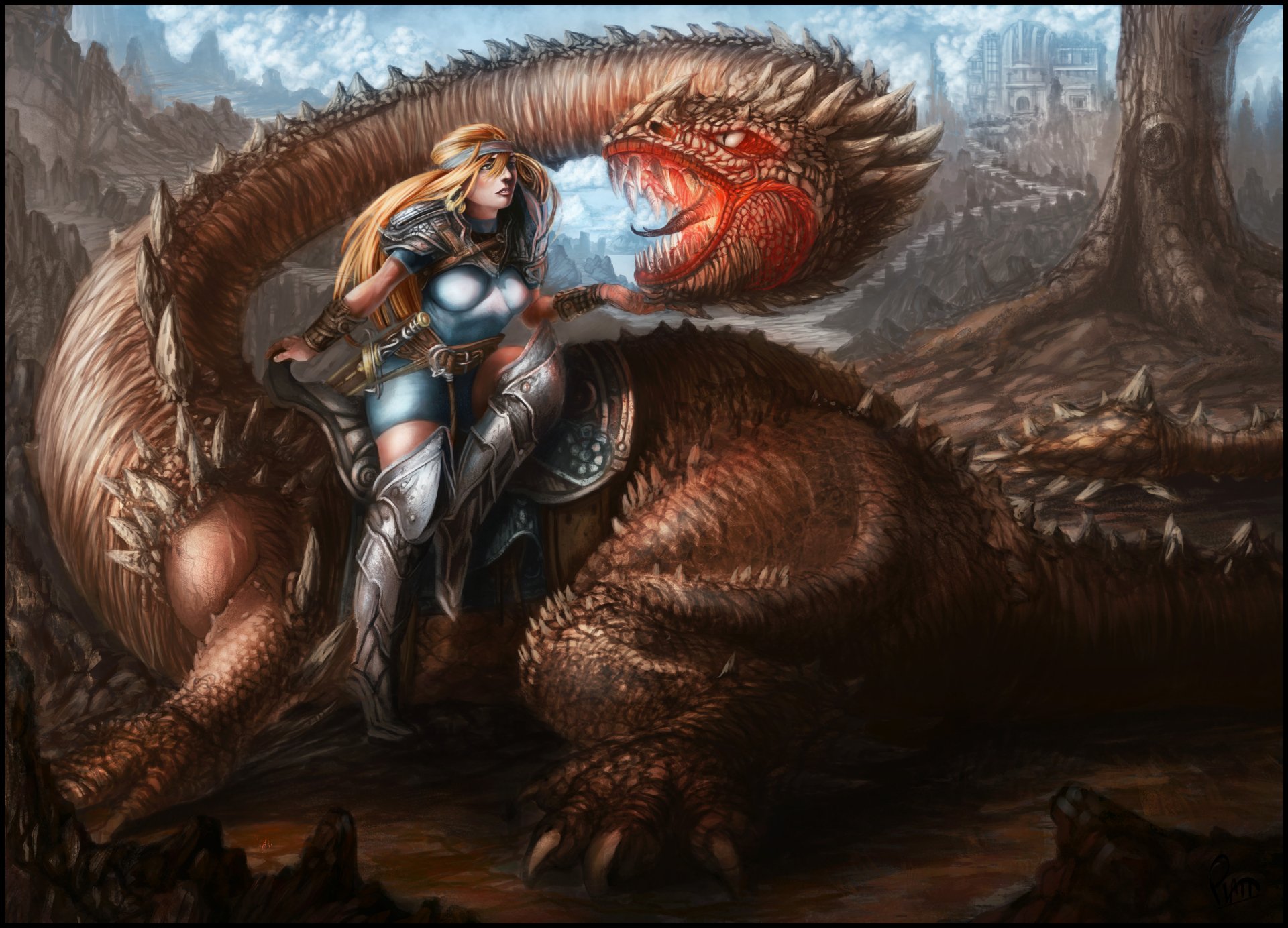 8K Ultra HD fantasy wallpaper featuring a woman warrior in armor gently touching the head of a large dragon amidst a rugged, mystical landscape.