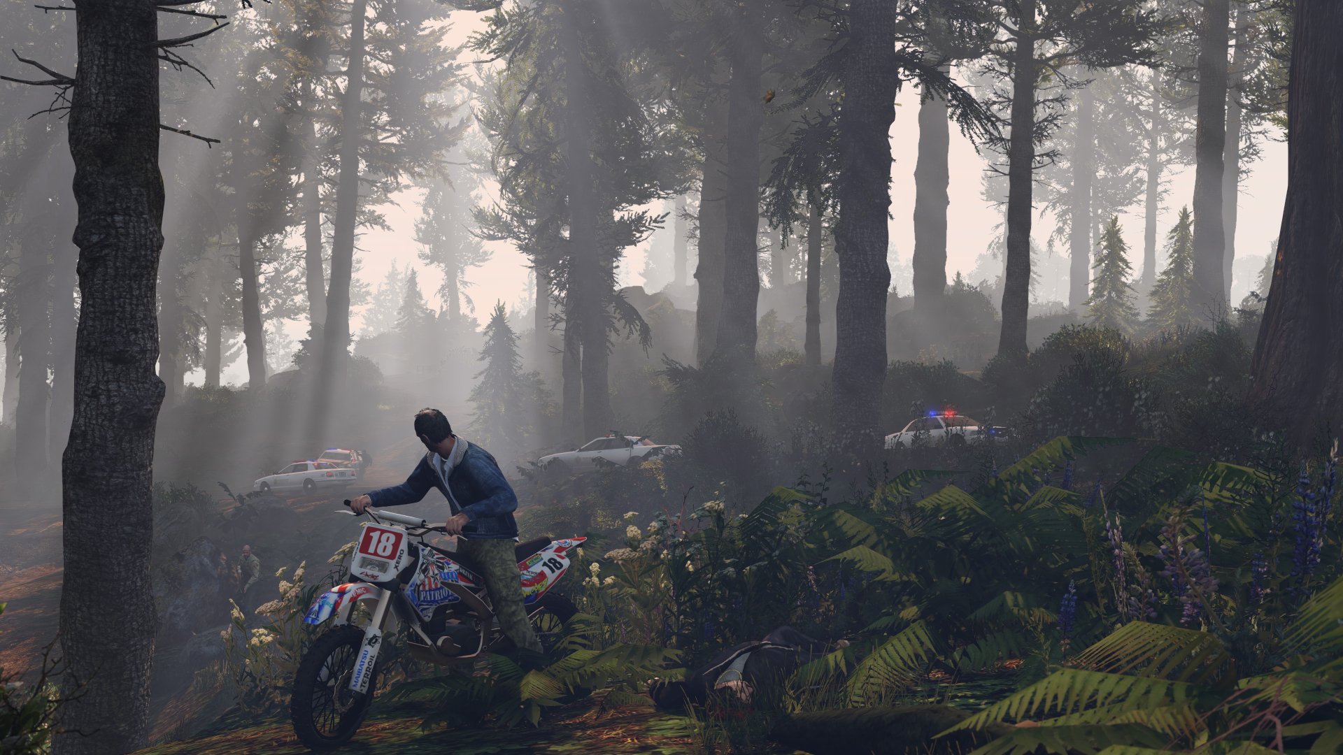 A high-definition Grand Theft Auto V desktop wallpaper featuring a motorbike rider navigating through a dense forest with sunlight filtering through the trees.
