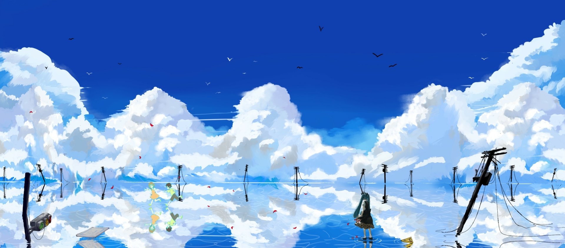 A vibrant anime landscape featuring Hatsune Miku surrounded by water, reflecting a bright blue sky and fluffy white clouds, creating a serene and picturesque scene.
