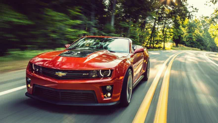 A vibrant red Chevrolet Camaro ZL1 drives along a sunlit road, surrounded by lush greenery, creating an exhilarating and dynamic HD wallpaper backdrop.