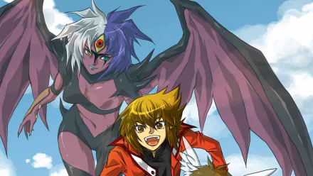 HD wallpaper featuring Jaden Yuki from Yu-Gi-Oh! GX Duel Academy, smiling confidently with a powerful character in the background, set against a vibrant sky.