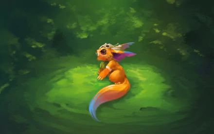 HD PC desktop wallpaper/background of Gnar (League of Legends): a small orange yordle with a colorful tail sitting in a glowing forest clearing, video game art.