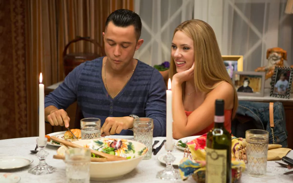 A scene from the movie Don Jon, featuring a man and woman enjoying a candlelit dinner, surrounded by food and drinks, set in a cozy dining environment. 4K Ultra HD wallpaper.