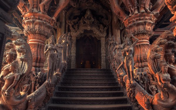 Religious Sanctuary of Truth Temples Prasat Mai Wang Boran Thailand Wood Statue HD Wallpaper | Background Image