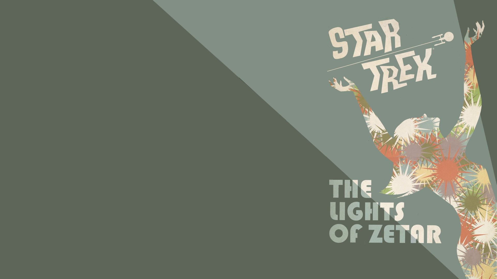 5K Ultra HD PC desktop wallpaper: Star Trek: The Original Series poster-style art on a muted green background, 'Star Trek' logo and 'The Lights of Zetar' title with an abstract floral figure.