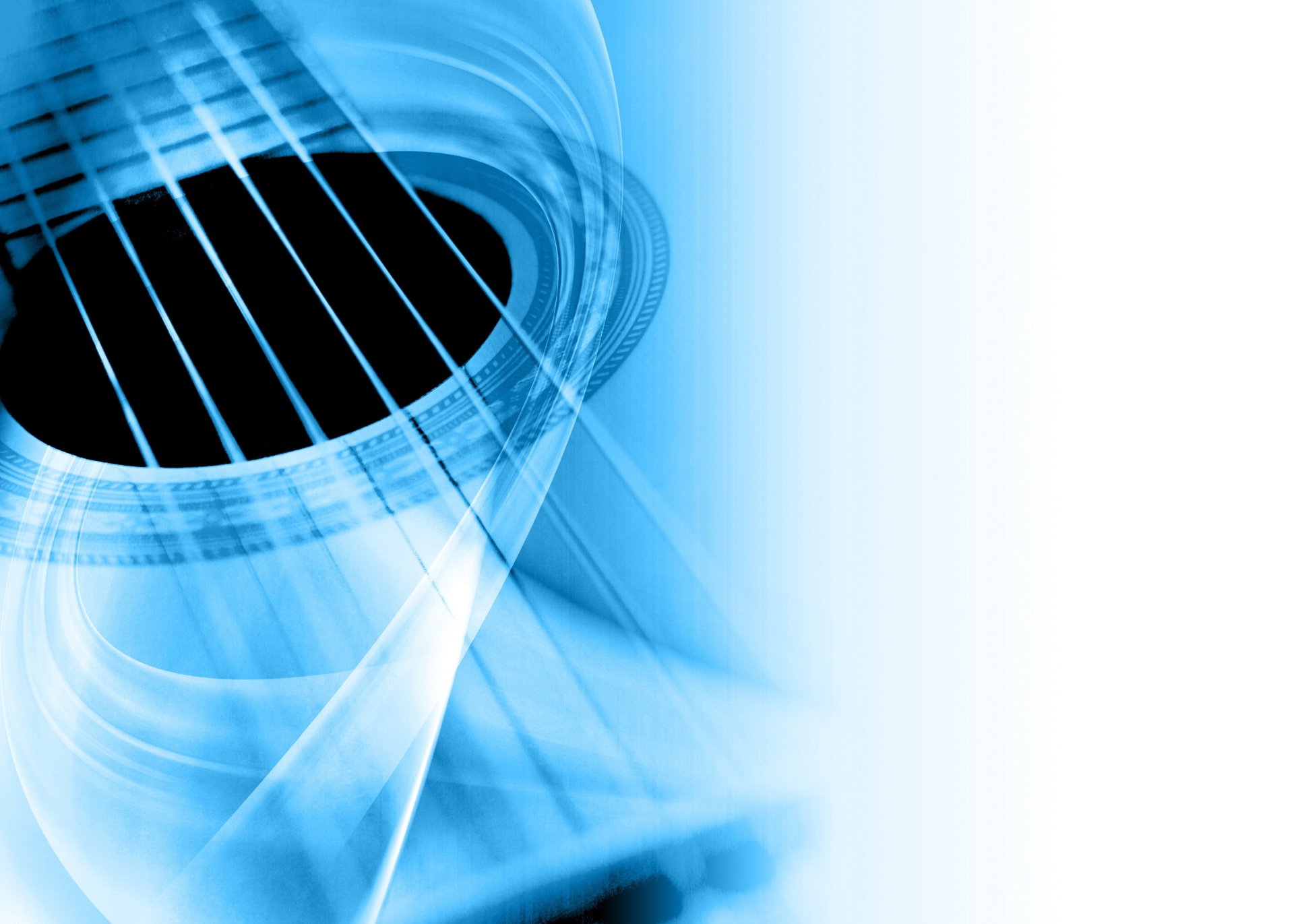HD PC desktop wallpaper featuring a close-up of a guitar's strings and soundhole in a blue-toned abstract design, blending music elements with modern aesthetics.