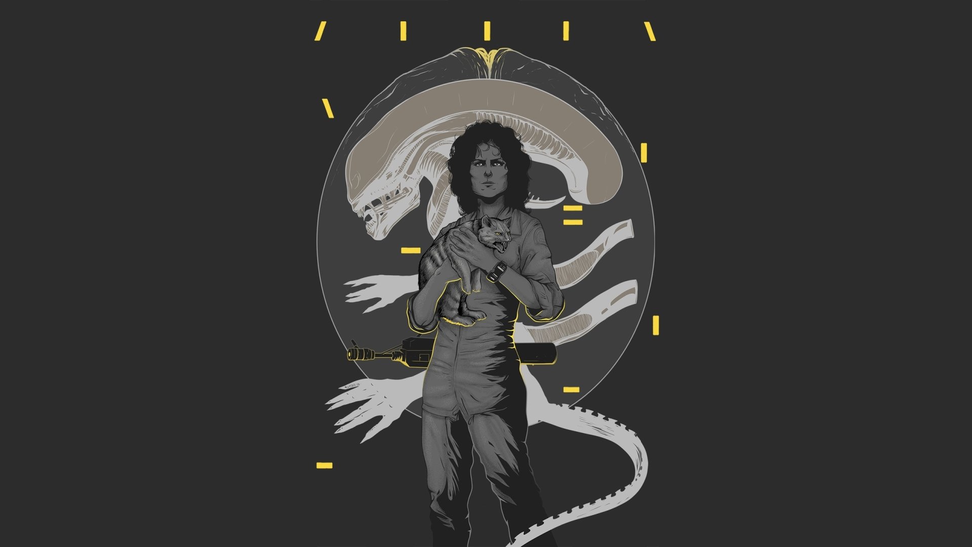 HD PC desktop wallpaper featuring a scene from the movie Alien, showcasing the character Ripley with the iconic alien creature in a dark, sci-fi design.