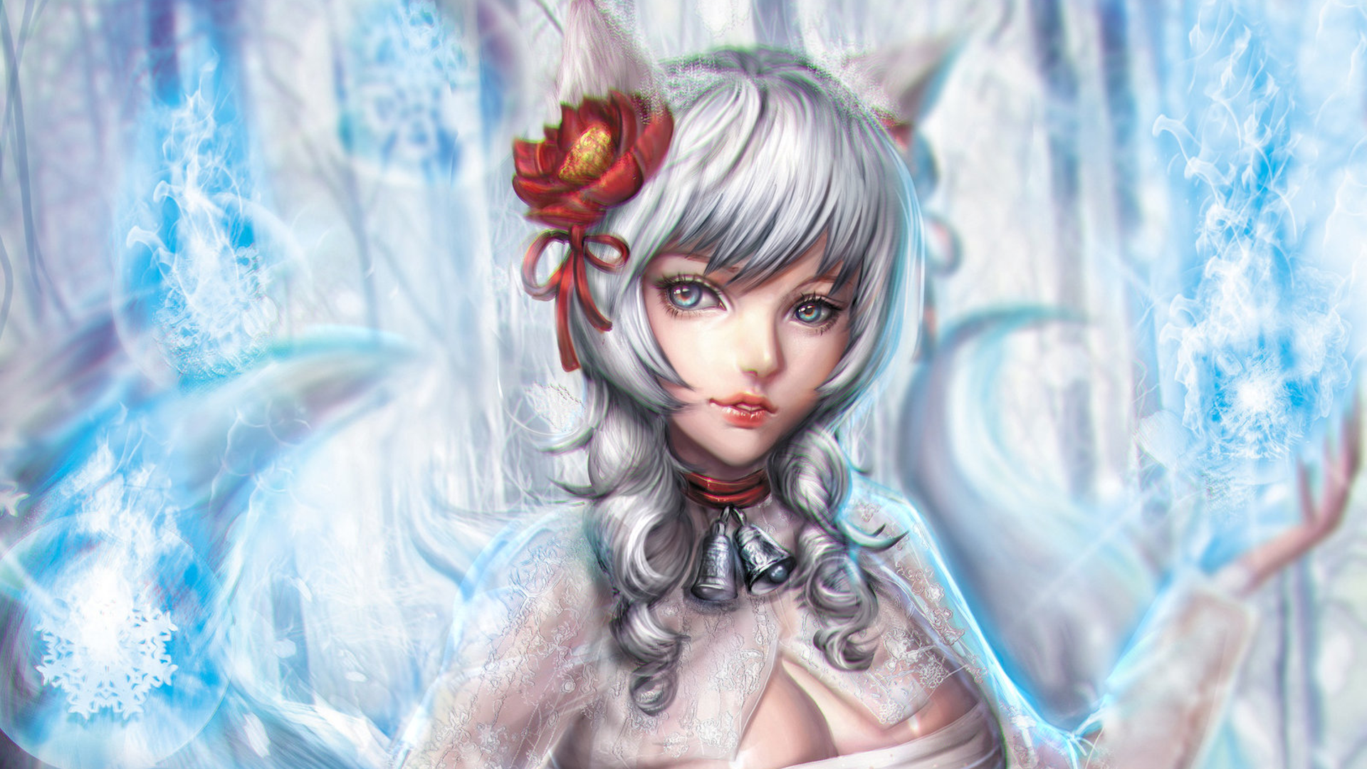 Ahri from League of Legends in a stunning HD wallpaper, featuring her enchanting presence against a mystical backdrop with icy accents and floral details.