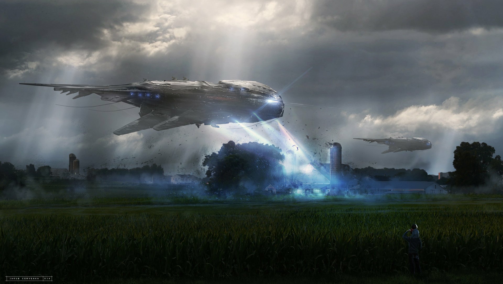 HD desktop wallpaper depicting a sci-fi scene with a spaceship landing in a lush field under stormy skies, illuminated by beams of light.