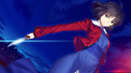Anime-style HD wallpaper from The Garden of Sinners featuring a character in a blue dress and red jacket wielding a knife against a night sky background.