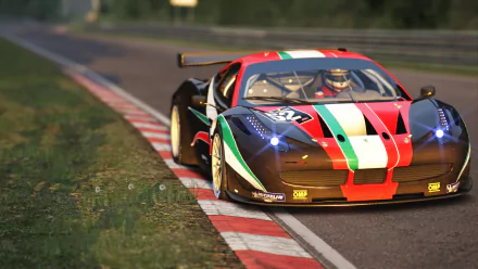 2K Quad HD PC wallpaper: Ferrari 458 racing in Assetto Corsa, Italian tricolor livery, headlights blazing as it corners on the track curbstone — dynamic video game racing car scene.