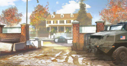 An HD desktop wallpaper featuring a stylish scene from Tom Clancy's Rainbow Six: Siege, showcasing a suburban home and an armored vehicle under a clear blue sky.