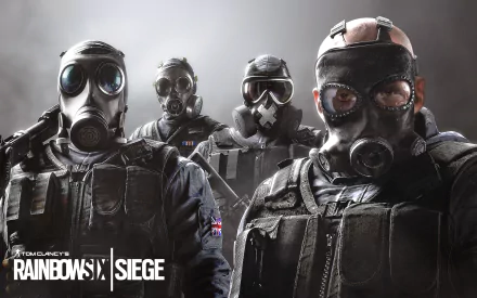 HD desktop wallpaper for Tom Clancy's Rainbow Six: Siege featuring four soldiers in tactical gear and gas masks standing against a smoky background.
