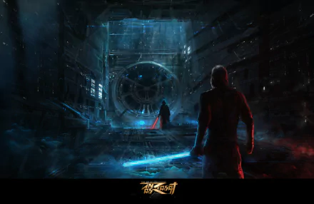 HD Sci-Fi Star Wars desktop wallpaper depicting two figures with glowing lightsabers confronting each other in a dark, futuristic hangar setting.